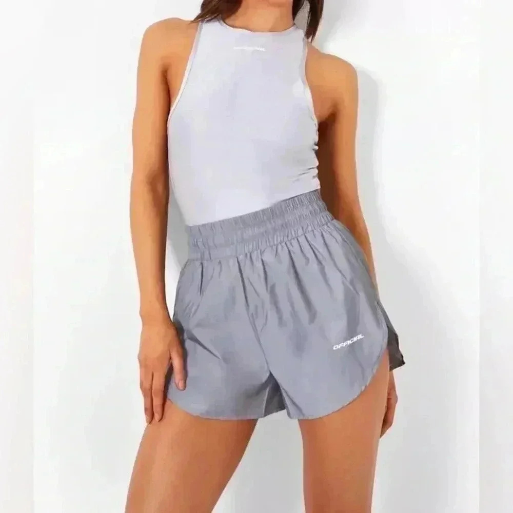 NWT BOOHOO REFLECTIVE SHORTS SILVER 6
